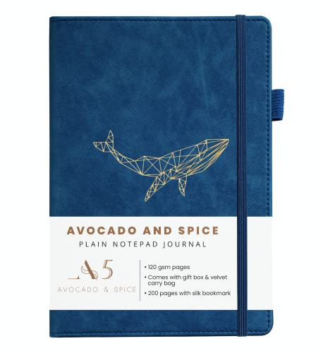 Avocado & Spice Notizbuch A5 Blanko – Zeichenblock A5 als Sketchbook A5, Notizblock usw. – A5 Scrapbook mit Geschenkbox, Samtbeutel, Lesezeichen, elastischem Band & Stifthalter, 200 Seiten, Blau