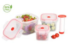 Tuppers, recipientes herméticos para alimentos con cierre de seguridad y bomba de vacío incluida. Juego de 3 tuppers de distintos tamaños para mantener los alimentos el mayor tiempo posible.