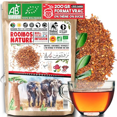200gr TÈ ROOIBOS BIO (+100 Tazze), Tè Rosso Rooibos di Qualità Superiore, 0% teina, 0% caffeina, delicato, di NABÜR