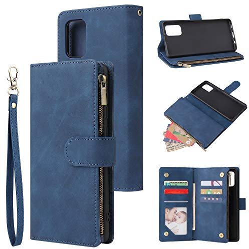 QLTYPRI Hülle für Samsung Galaxy A71, Premium Leder Handyhülle mit Große Kapazität 6 Kartenfach & 1 Reißverschluss Tasche Ständer Schutzhülle für Samsung Galaxy A71 - Blau
