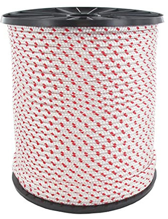 GREENSTAR - Corde De Lanceur - Diamètre 3mm - Haute Qualité - Pour Tondeuse, Débroussailleuse, Tronçonneuse & Plus - En Polyamide Blanche - Liseré Rouge - Rouleau De 100m