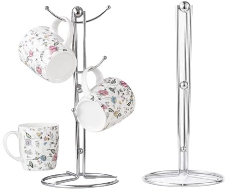 Royal Cuisine, Accents Kitchen Roll Holder and Mug Tree Set, Silver, 14 x14 x35 cm