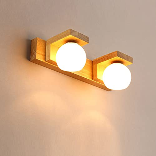 VOMI Holz LED Spiegelleuchte Bad 2 Flammig Modern Spiegellampe aus Hölzern G9 Wandleuchte Badezimmerlampe mit Lampenschirm aus Mattglas Badleuchte Schranklampe für Make Up Schlafzimmer Büro