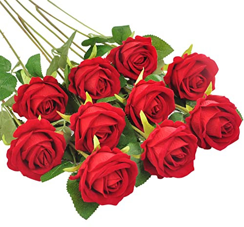 Huspox Fake Roses Artificial Flowers with Long Stem for Decoration Bouquet Wedding Floral Arrangement 10pcs (Red)