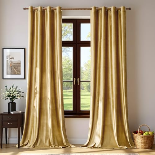 Bulbul Vorhänge aus Samt, goldfarben, 213,4 cm Länge, Wohnzimmer, Verdunkelung, Thermo-Fenstervorhänge, verdunkelnde Dekoration, Ösenvorhänge für Schlafzimmer, 2er-Set
