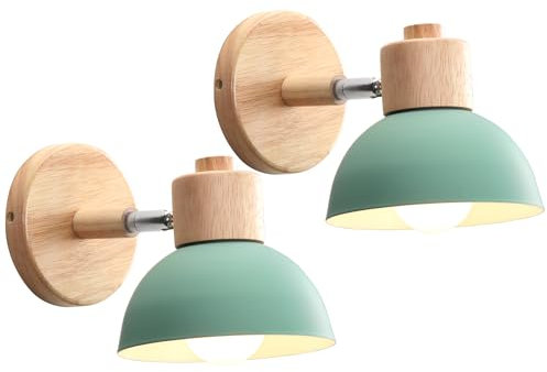 iDEGU 2 Stücke Wandleuchten Moderne Innen Wandlampe aus Holz Metall Halbkreis Lampenschirm E27 Verstellbare Wandspot Vintage Lampe für Schlafzimmer Wohnzimmer (2 Lampen, Grün)