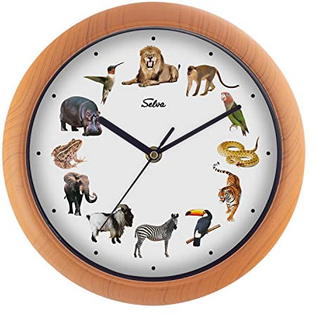 SELVA Tieruhr, Wanduhr, mit Tierlauten zu jeder Stunde und farbenfrohe Illustrationen, Gehäuse aus Kunststoff, Holzoptik, Farbe:Zoo