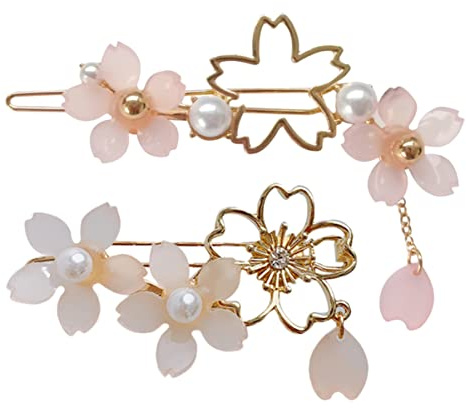 Barrettes Fines Style Japonerie Fleurs Cerisier 2 Pièces Alliage | Résine, Charme Pendante, Usage Mariage ou Quotidien, pour Filles et Dames, Toucher Confortable