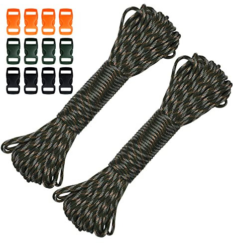 60M 550lb Paracord Rope 4mm Heavy Duty 7 Strand Nylon Cord Tent Rope Cord with 12 Plastic Buckles for Camping Hand Crafting (Camouflage, 4mm * 60M)