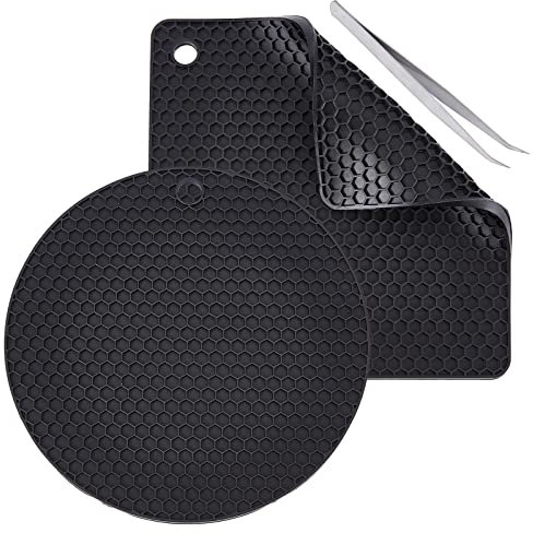 GORGECRAFT 2 Styles Silicone Doming Mats Square(17cm) Round(16cm) Resin Table Trivet Mats with Tweezer Heat Proof Black Honeycomb Rubber Pads Trays for Hot Pot Holder Coaster DIY Crafts Supplies