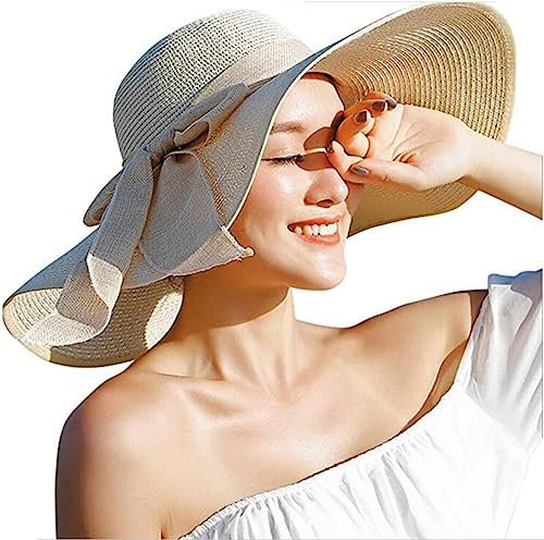 QUUPY Damen Strohhut mit großer Schleife, breite Krempe, faltbar, aufrollbar, Strandkappe, Sonnenhut, Sommer, Fedora, LSF 50+, beige, Einheitsgröße