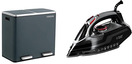 SONGMICS Recycling Bin, Double Trash Can, 2 x 24L, with 2 Compartments, Soft-Close Lids, Pedals & Russell Hobbs Powersteam Ultra 3100 W Vertical Steam Iron 20630 - Black and Grey