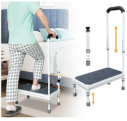 Step Stool With Handle for Elderly Adults - High Bed Steps, Medical Bedside Grab Bar, Handicap Bariatric Safety Metal Non-Slip Wide Platform for SUV, Car, RV, Bathtub - 400lb Capacity