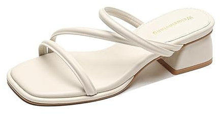 Bloc à Talons Mules Sandales Femme Été Ceinture d'un Mot Largeur Escarpins Nu-Pieds Confortable Chaussons Taille 34-42 EU (35,Beige)