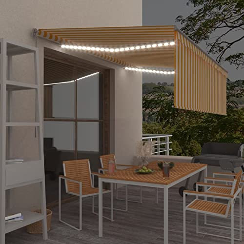 Homgoday Toldo retráctil manual, parasol y LED, 4 x 3 m, amarillo y blanco, toldo de exterior para privacidad, balcón, toldo, toldo para soletenda, jardín, balcón o terraza