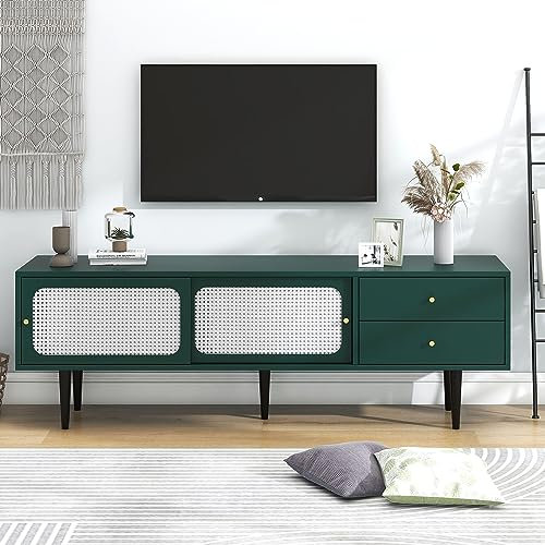 Meuble TV bas de style moderne avec 2 portes coulissantes en plastique et 2 tiroirs, élégant avec stratifié mobile, meuble TV pour salon, pour TV jusqu'à 70 pouces, vert