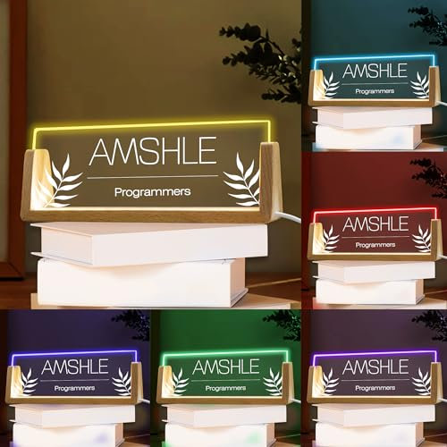 Placa de nombre de acrílico para escritorio con luz personalizada con soporte de madera,placa de identificación acrílica iluminada personalizada para escritorio,accesorios de escritorio (Estilo-05)