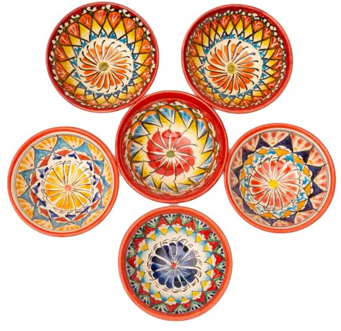 6 Keramikschalen 200 ml Piyola klein handgefertigt Muster (Rot-Oranger Rand) - Usbekischer Schälchen mit handbemaltem Design | Teetasse | Schale Bunt Keramik | Dipschälchen
