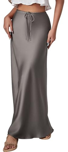 FEOYA Damen Satin Rock Lang Elegant Sommer A Line Maxirock Hohe Taille Büro Casual Midirock mit Kordelzug