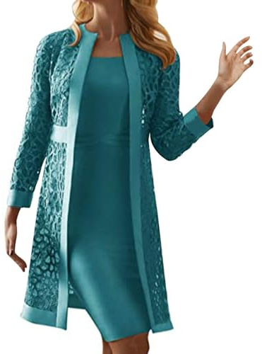 Keepink Kleider für die Brautmutter für Damen, 2-teilig, elegantes Kleid, Anzüge, Spitze, ausgehöhlt, langärmelig, Cardigan + ärmelloses Kleid, Hochzeitsgästekleider, Sets, Etuikleid, 1 x Blau., 46