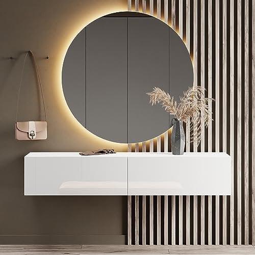 Planetmöbel Flurgarderobe 1x 160 cm inkl. Spiegel rund mit Beleuchtung 100 cm, Weiß, Flur Möbel mit Spiegel, 37,8T x 160B x 32,5H cm