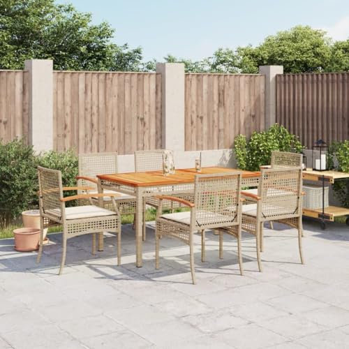 Gecheer 7-TLG. Garten Essgruppe 6 Personen, Gartenlounge Set, Gartenmöbel Set, Lounge Möbel Outdoor, Terassenmöbel Außen, Balkonmöbel, Gartengarnitur Sitzgruppe mit Kissen Beige Poly Rattan