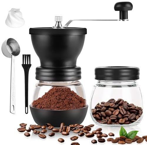Molinillo Cafe Manual,Grado de Molido Ajustable Moledor de Café Manual con Mecanismo de Cerámica Con 2 Frascos De Vidrio y 1 Cepillo De Limpieza,Coffee Grinder Manual Portátil para Viajes,Casa,Oficina