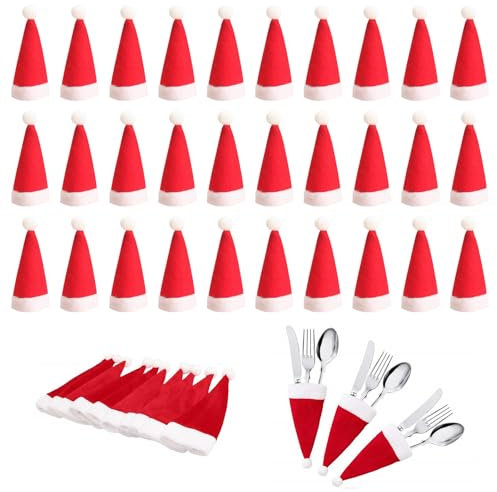 RCYHCY 30 Piezas Mini Sombrero de Navidad, Porta Cubiertos de Navidad, Bolsita para Cubiertos de Navidad, Decoración de Mesa Sombrero de Papá Noel, para la Decoración Navideña
