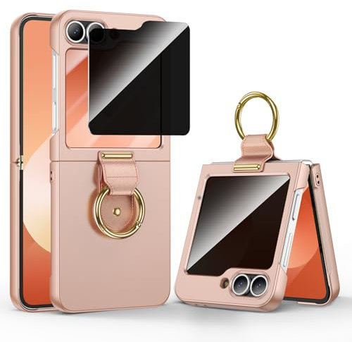 HWeggo para Samsung Galaxy Z Flip 6 Funda con Protector de Pantalla, PC Duro y Material de TPU, Anti-arañazos y Anti-Choque Delgado Caso del teléfono,Oro Rosa