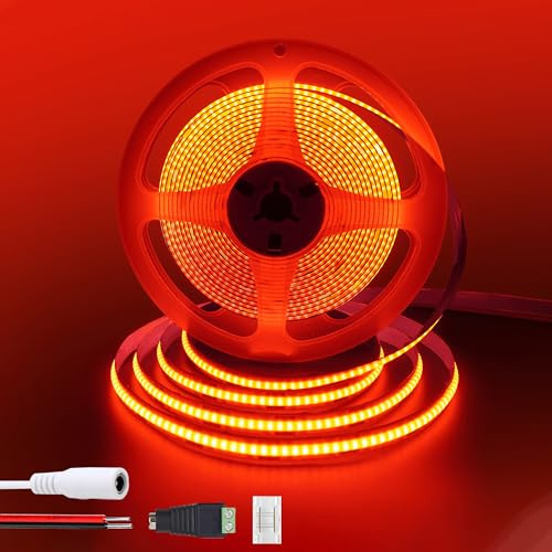 Clearhill 12V COB LED Strip Lights 6.56FT / 2M (Keine Stromversorgung), Rot, 320LEDs / M, mit 5521DC weiblichen und roten und schwarzen Drahtschlüsseln, 8mm Breite, IP20