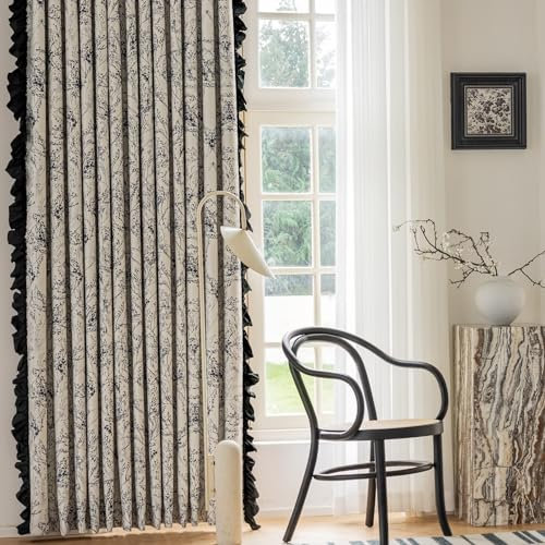 Bishilin Vorhänge Blickdicht mit Ösen, Verdunklungsvorhänge Schwarz 2er Set 102x214CM Bedruckt Blumen Motiv mit Rüschen Chenille Gardinen Schlafzimmer Kinderzimmer Jugendzimmer
