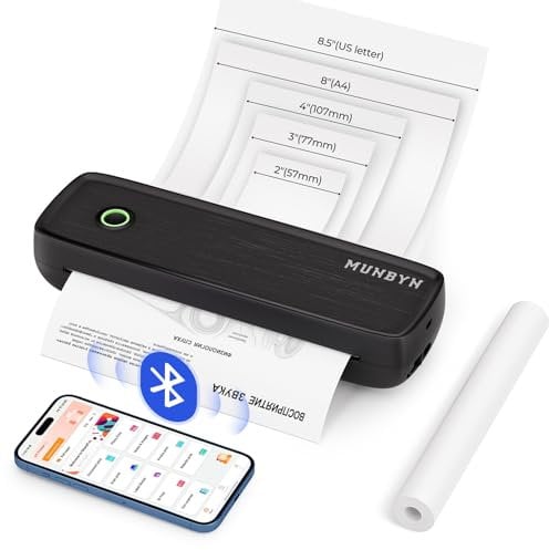 MUNBYN ITP04 Imprimante Thermique A4, Imprimante Portable sans Encre pour Le Voyage, Bluetooth Compatible avec Les Téléphones et Ordinateurs Portables Android et iOS, Noir