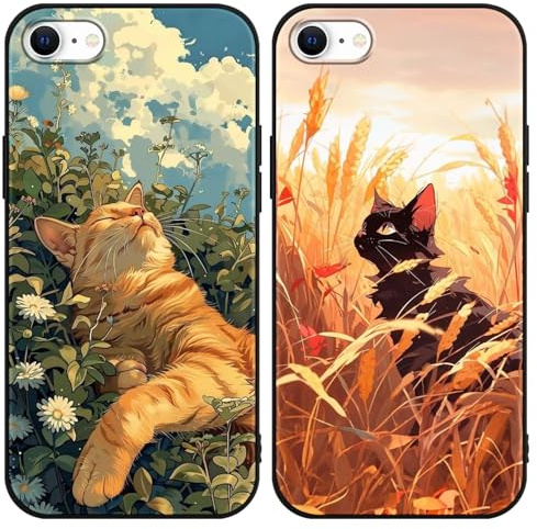 Yimctoie 2 Stück Handyhülle für iPhone 7/8/SE 2020/SE 2022 Hülle 4,7,Cute Orange Katze Anime Aesthetic Blumen Case,Schwarz Cat Cartoon Ästhetik Schutzhülle Silikon TPU Stoßfeste Kratzfest Cover