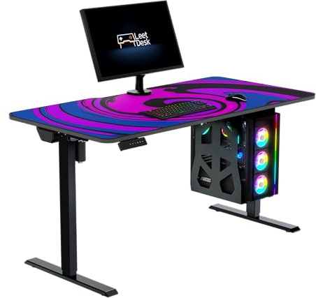 LeetDesk Entry Bundle: Elektrisch höhenverstellbarer Gaming Tisch inkl. Deskpad Twilight Twirl – Ergonomischer Gaming Schreibtisch und PC Tisch – Schwarz, 140 x 70 cm