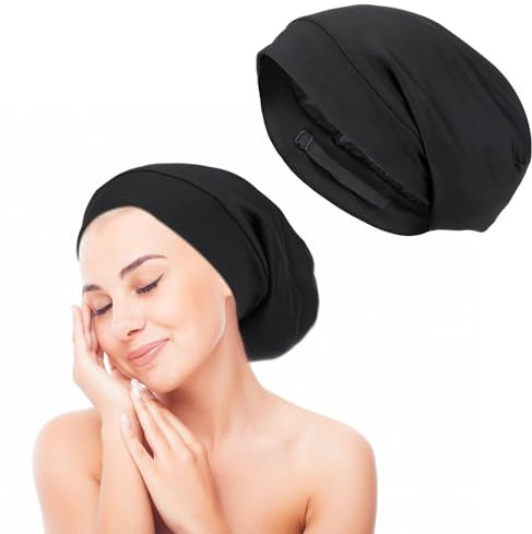 Telooco Cuffia Seta Capelli Notte da Donna Cuffia da Notte Regolabile in Raso Nero Cuffia da Notte in Seta a Doppio Strato Silk Bonnet con Fodera in Raso per Capelli Ricci Intrecciati