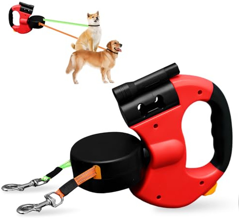 Correa doble para perros, correa retráctil de 3 m con luz, mango antideslizante, para perros pequeños y medianos
