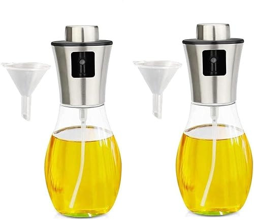 GADIRIA Set de 2 Pulverizadores de Aceite de cristal 200ml. Adecuado para Freidoras de Aire, Parrilla y Ensaladas. Con Recipientes de Cristal y Embudos para Rellenar. Apto para Vinagre.
