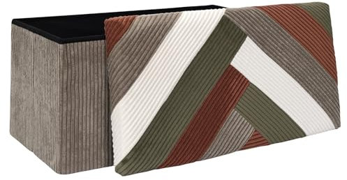 HOME DECO FACTORY - HD0551 Coffre Banc Pliable Patchwork Cotelé Multifonctionnel, Rangement et Assise Confortable, pour Salon ou Chambre, 76x38x38 cm, Beige, Gris, Rouge, Vert