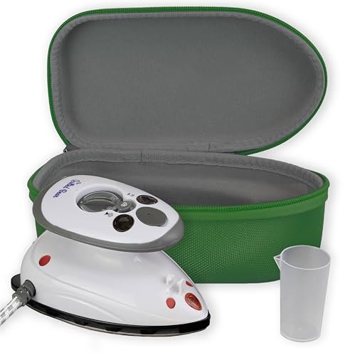The Quilted Bear Mini Iron - Lightweight Mini Travel Iron with Steam Function, Ceramic Sole Base Plate & Temperature Gauge for Quilting, Craft & Travel (Green Case)