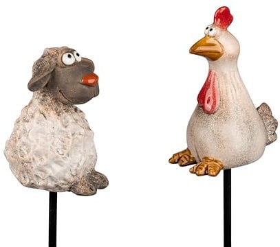 1 Stück Blumenstecker Gartenstecker Schaf oder Huhn aus Steinzeug matt + glänzend kombiniert und handbemalt
