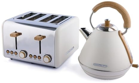 Hamilton Beach Kettle and Toaster Set, Scandi, Electric Pyramid Kettle 1.7L, Wide Slot Toaster 4 Slice, Boil Dry Protection, 6 Variable Browning Levels, Cream - HB0202MCST