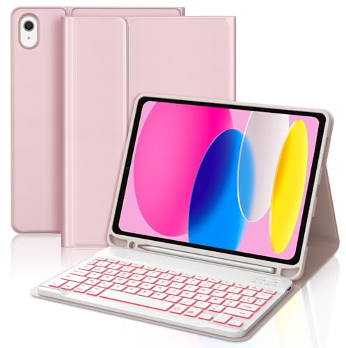 Funda con Teclado para iPad A16 11/10 Generación 2025/2022 11/10.9 Pulgada | QWERTY Español Ñ, Retroiluminado de 7 Colores Bluetooth Desmontable Teclado con Funda Delgada para iPad 11/10 Gen, Rosa