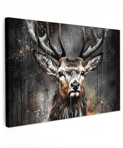 MuchoWow© Bilder Groß 120x80 cm XXL Wohnzimmer Deko Modern Wandbild Kunstdruck auf Leinwand Bild Schlafzimmer über Bett Room Decor Geschenke Hert - Zwart - Dier - Hertenkop