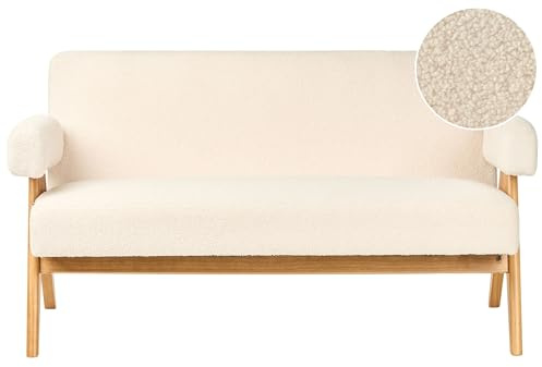 Beliani 2-Sitzer Sofa Bouclé cremeweiß mit Armlehnen Holzbeinen Hellbraun Retro Tamre