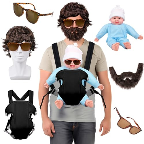 MOVINPE Hangover Kostüm Alen&Calos Zubehör Set, Puppe Babytrage Braune Perücke Gefälschter Bart Schnurrbart Sonnenbrille Halloween Film Charakter Rollenspiel Cosplay Kostüm