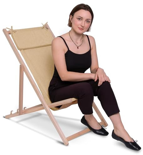 DreamRoots Liegestuhl Klappbar Holz mit Kopfstütze - Klappliegestuhl mit 3-Fach Verstellbarer Rückenlehne - Strandliege Bis 130 kg - 220 g/m² Waschbarer Polyesterbezug in Leinenoptik Desert Sand
