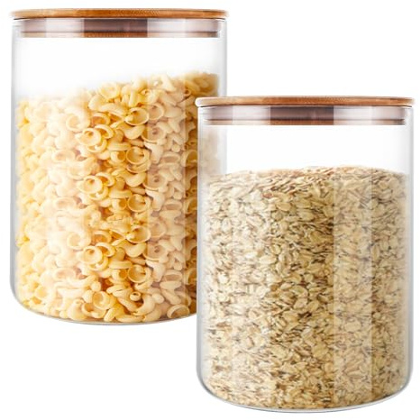 FWEEK 2 Stück Vorratsgläser mit Bambusdeckeln, je 3 L, Luftdicht für Mehl | Große Glasbehälter mit Bambusdeckeln und 3000 ml Volumen für Mehl, Müsli, Cornflakes, Getreide und Nüsse in der Küche