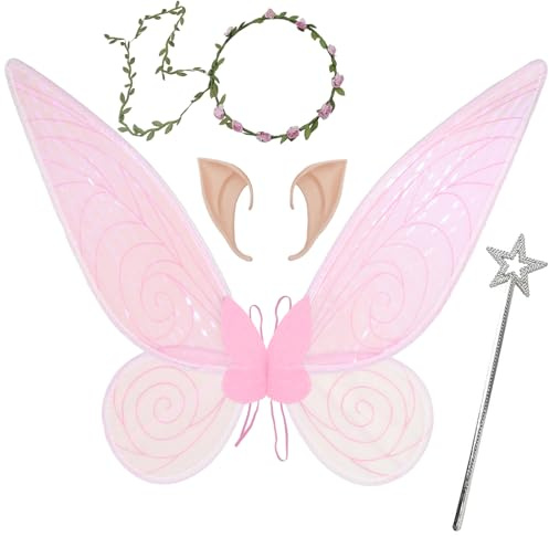 Feenflügel Kostüm für Erwachsene - Damen Mädchen Schmetterlingsflügel mit Sterne Feenstäbe Elfenohren Blumenkranz Prinzessinnenflügel Kostüm Wings für Kinder Karneval Weihnachten Geburtstag Cosplay