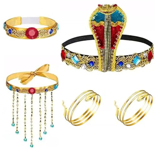 Dinghaole 5PCS Ägyptisches Kleidungsaccessoire - Kleopatra-inspirierte Antike Pharaonakleidung, Einschließlich Kobra-Kopfhänder, Perlenhalsketten, Schlangenarmbänder Und Edelstein-Armbänder