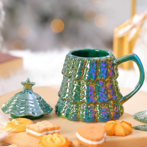 CHENGU Ceramic Christmas Tree Mug Christmas Tree Shaped Mug with Lid Xmas Coffee Cup Winter Holiday Drinkware Teacup Xmas Holiday Decor Winter Gift for Women Home Family Colleague